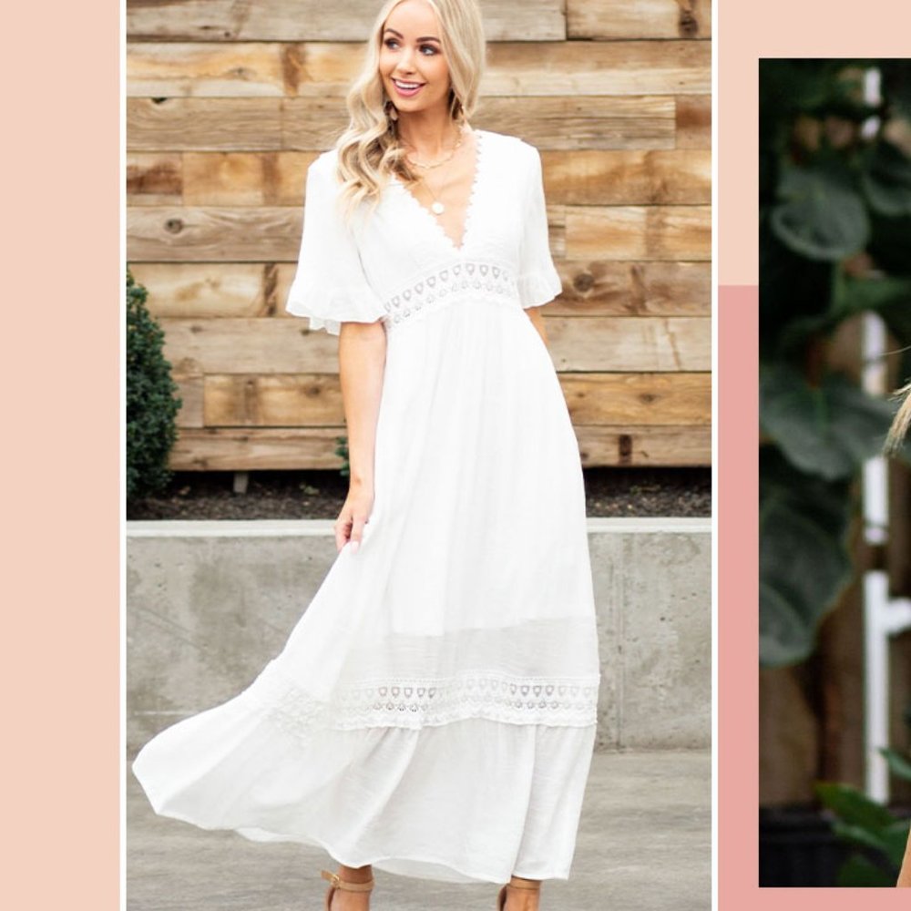 White Ruffle Sleeve Maxi Dress with Lace